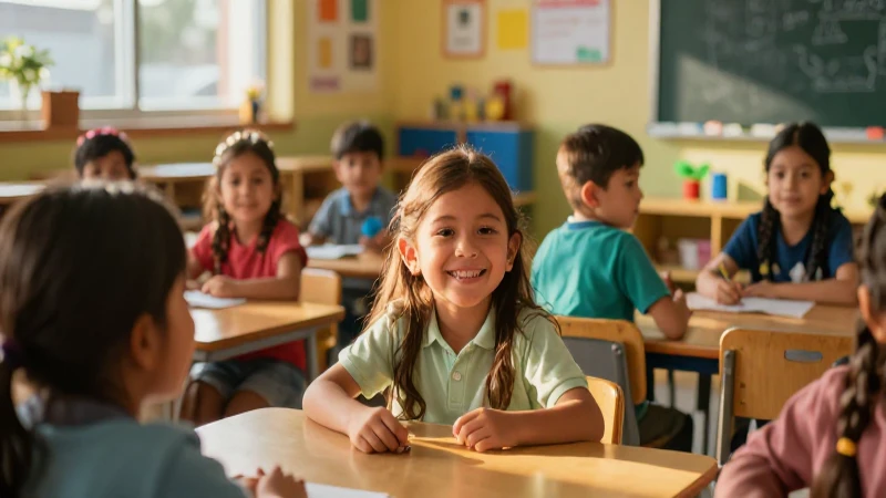 Niño sonriente en aula moderna, luz de oro