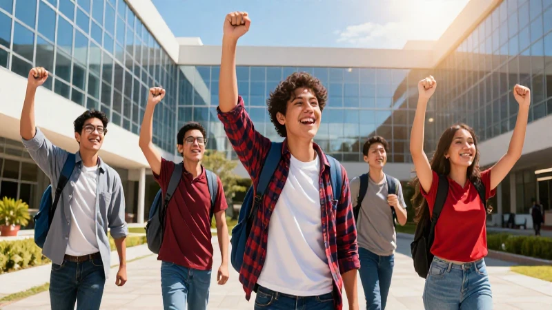 Estudiantes mexicanos celebrando en campus moderno
