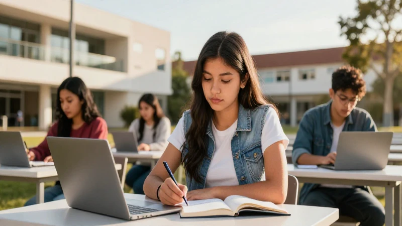 Estudiante mexicano exitoso en moderno campus