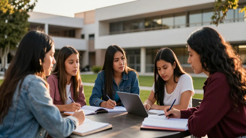Estudiantes mexicanos diversos en campus moderno