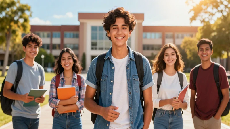 Joven estudiante mexicano sonríe en campus moderno