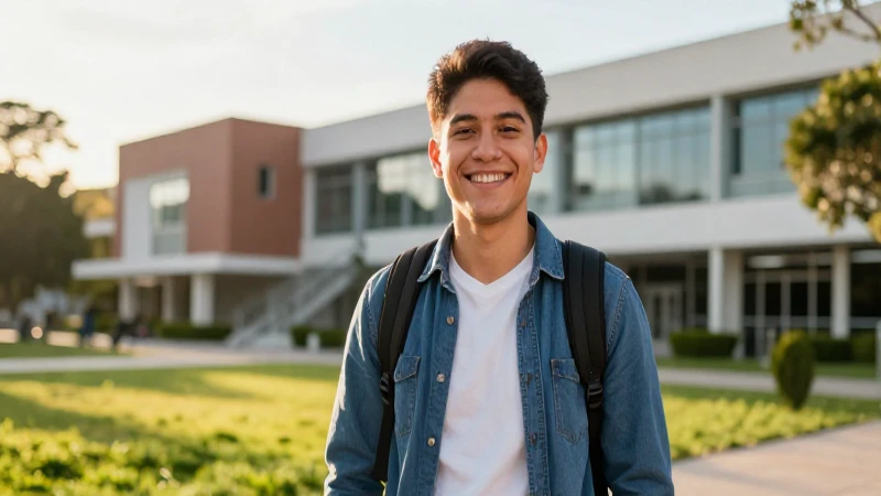 Estudiante mexicano sonriente en campus moderno