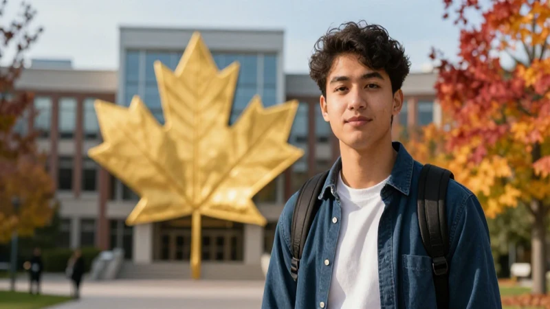 Estudiante en campus canadiense otoñal