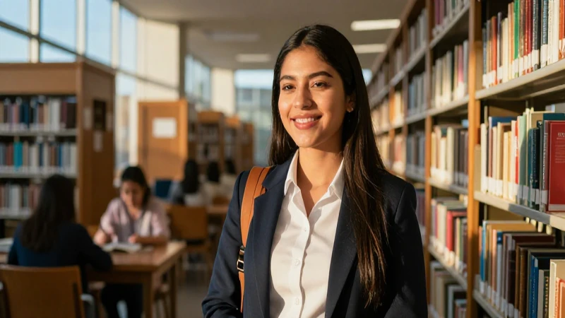 Estudiante mexicana sonriente en biblioteca universitaria iluminada