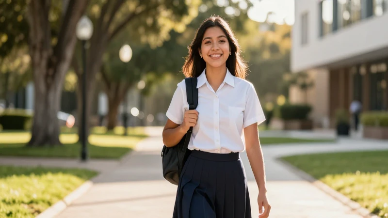 Estudiante mexicano sonriente camina en campus soleado