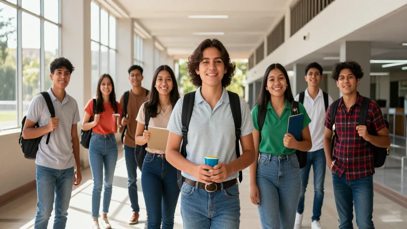 Estudiantes mexicanos sonriendo en moderno campus