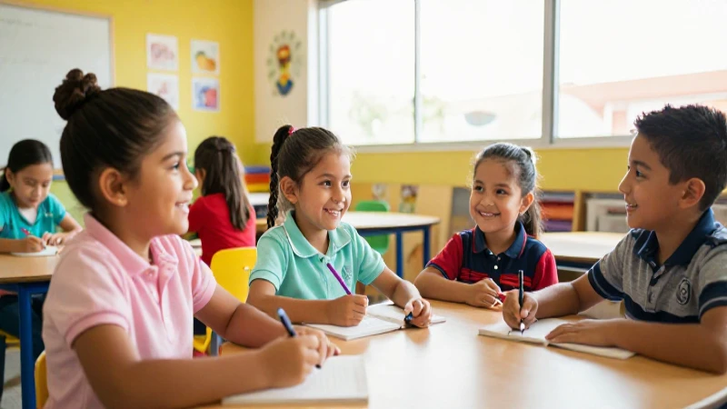 Niños mexicanos sonriendo en un aula moderna