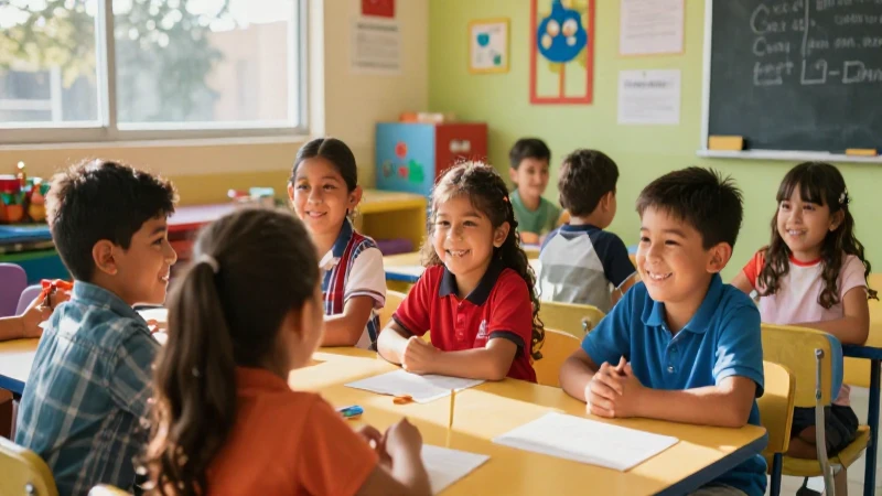 Mexican niños sonríen en un aula colorida