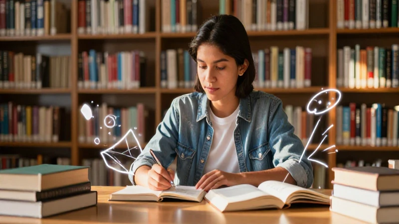 Estudiante mexicano en biblioteca futurista y luminosa