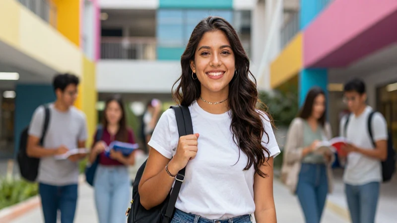 Estudiante mexicana feliz en campus vibrante
