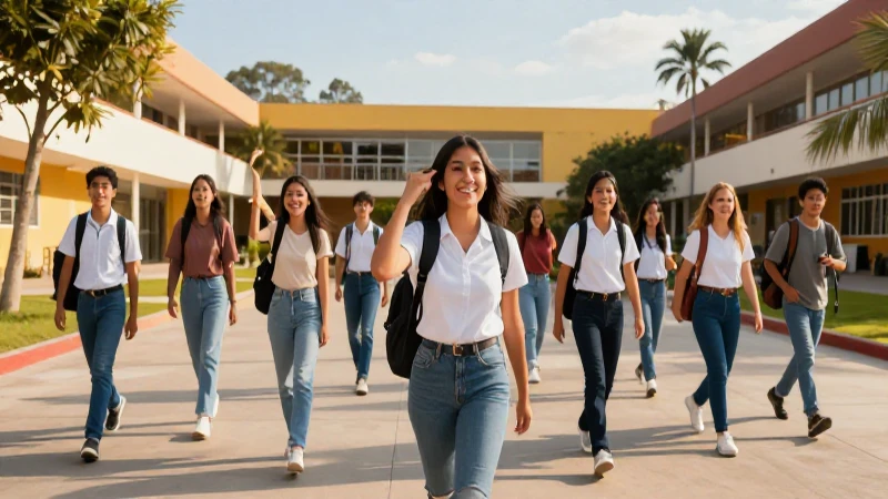 Estudiantes mexicanos felices en un campus moderno
