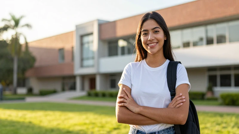 Estudiante mexicano sonriente en universidad al atardecer