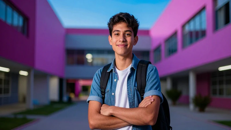 Joven estudiante mexicano optimista en campus universitario
