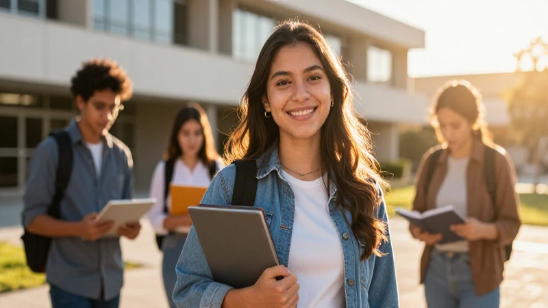 Estudiante mexicano exitoso bajo luz dorada en un campus