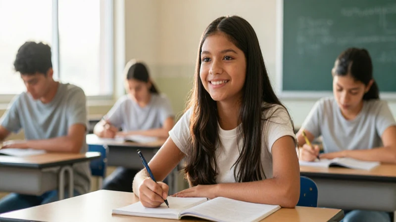 Joven mexicano sonríendo estudiando en clase brillante
