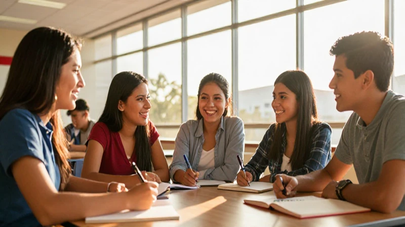 Estudiantes mexicanos felices estudiando bajo luz dorada
