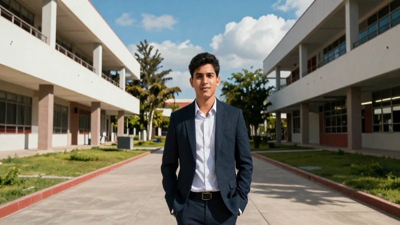 Estudiante mexicano brillante en campus moderno