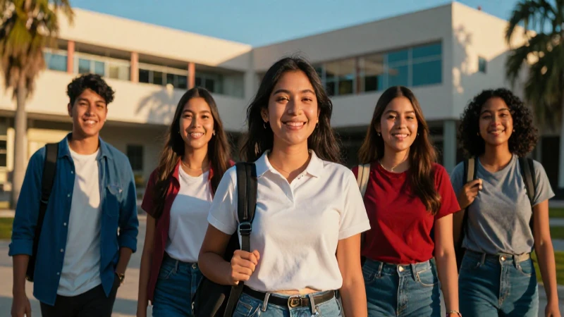 Jóvenes mexicanos sonrientes en un campus moderno