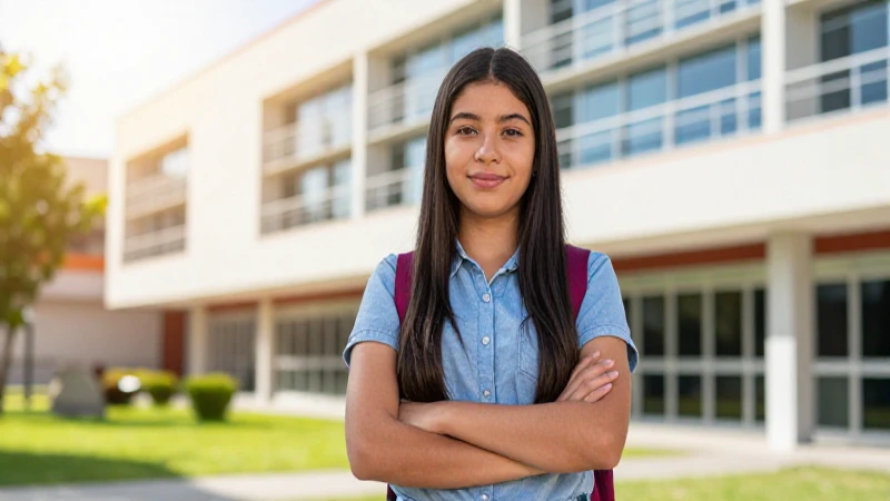 Estudiante seguro en campus moderno y vibrante