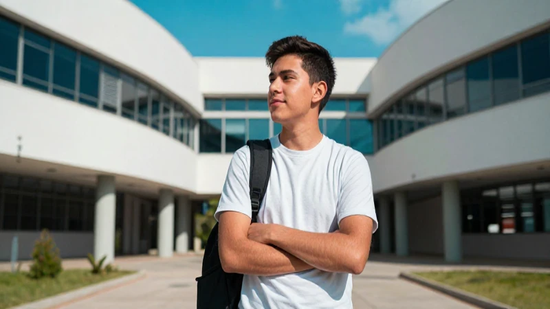 Estudiante mexicano confiado en campus moderno