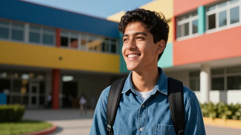 Joven sonriente en moderno campus cinemático