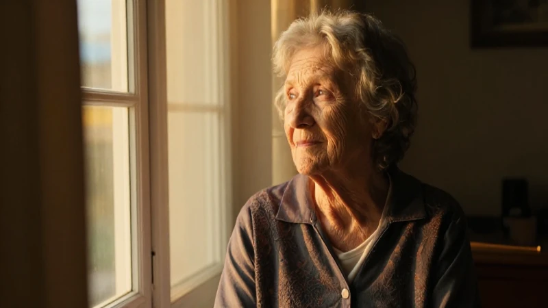Mujer anciana en ventana, luz cálida y paz