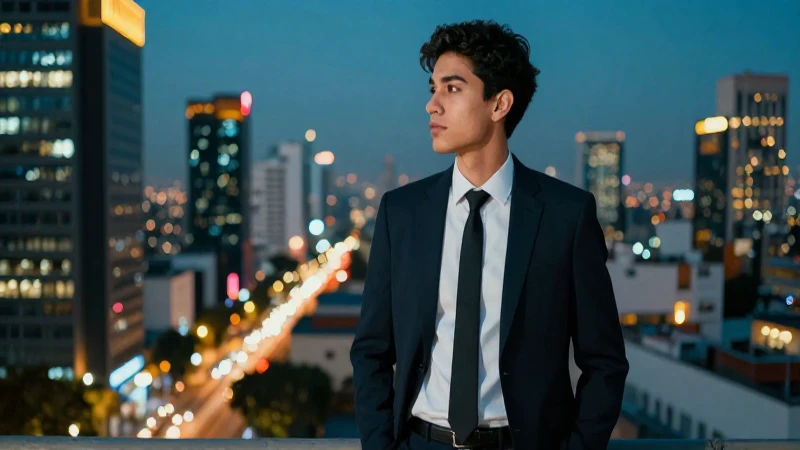 Joven profesional observa vibrante CDMX con confianza