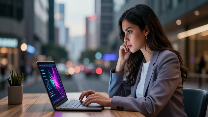 Mujer mexicana frente a datos abstractos en CDMX