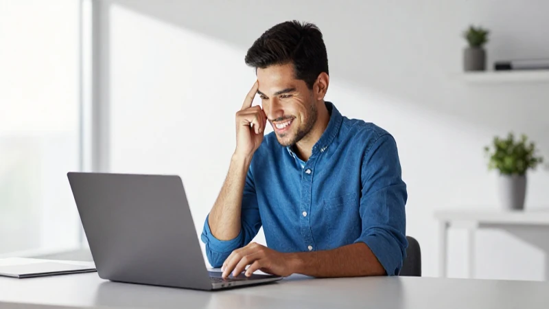 Joven mexicano y su laptop en oficina moderna