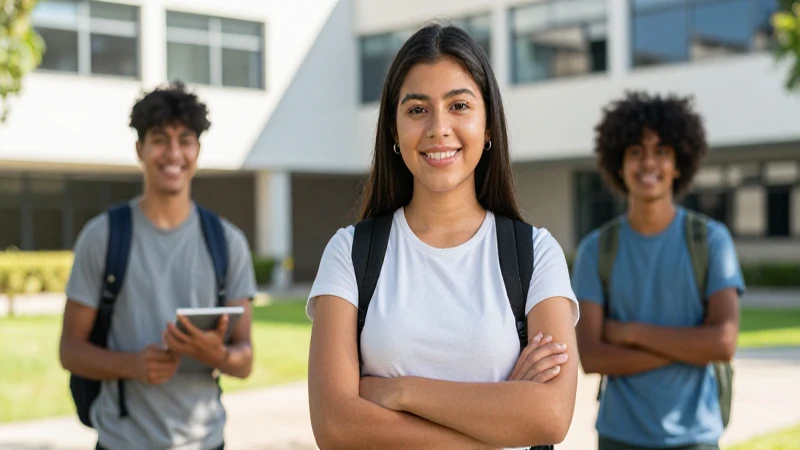 Estudiante mexicano optimista en un campus moderno