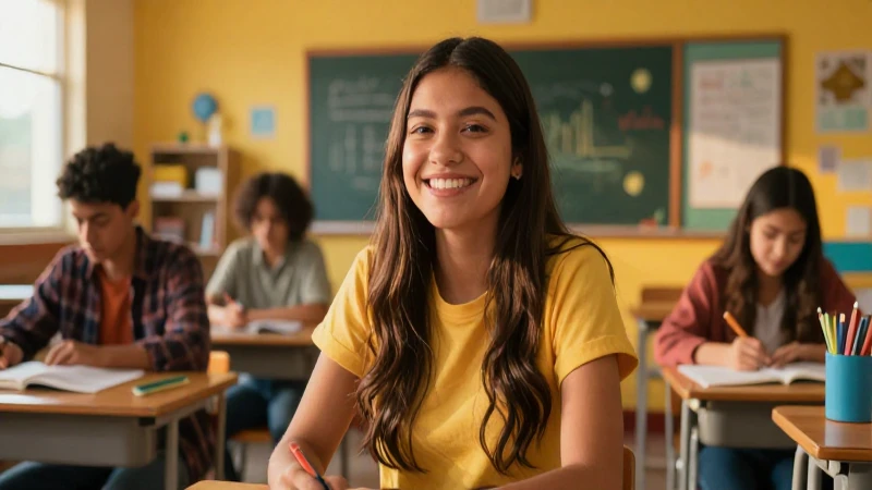 Estudiante mexicano sonríendo en aula moderno y luminoso