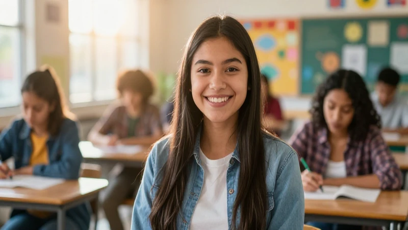 Estudiante mexicano sonriente en aula moderna