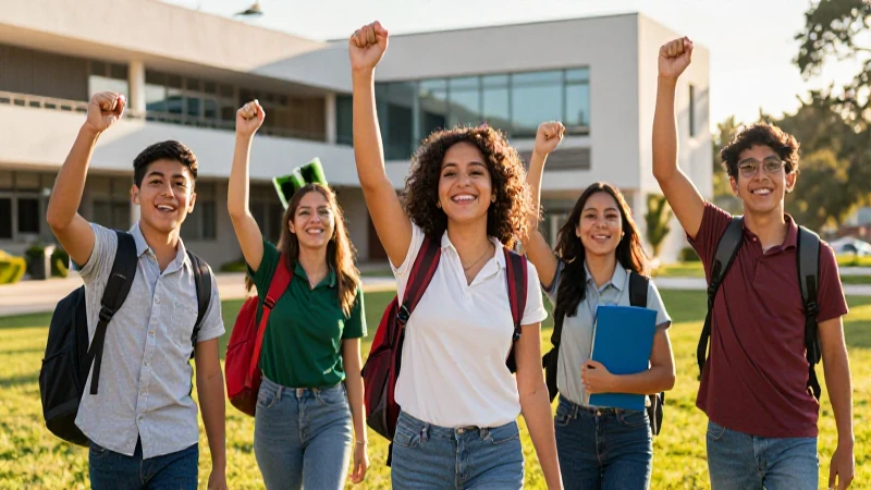 Estudiantes mexicanos celebrando éxito en campus moderno