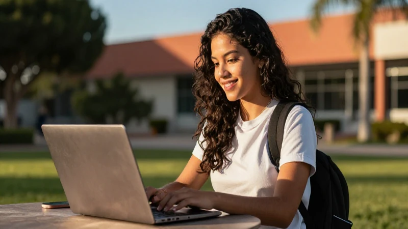 Estudiante mexicana estudiando con laptop moderna