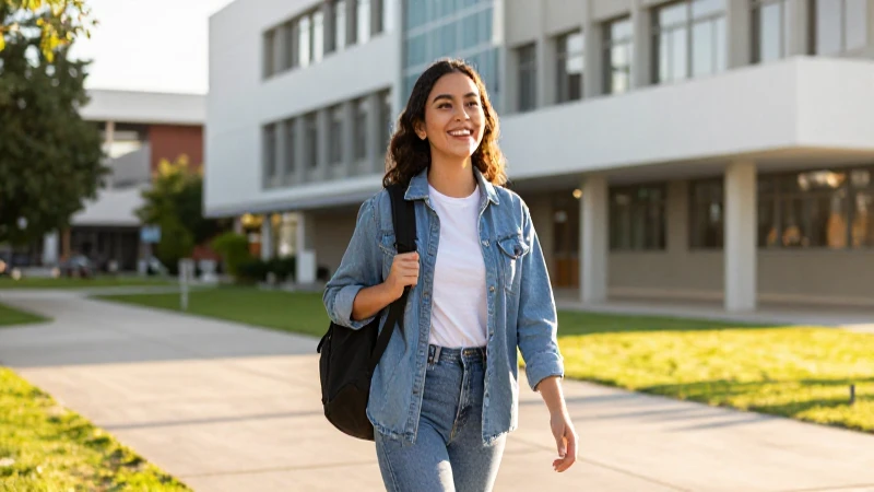 Estudiante mexicana sonríe en campus moderno