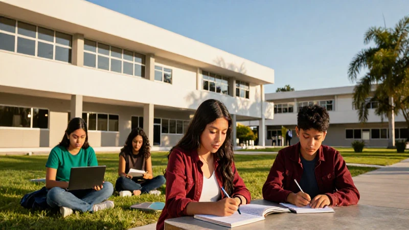 Estudiantes mexicanos en campus moderno con luz dorada