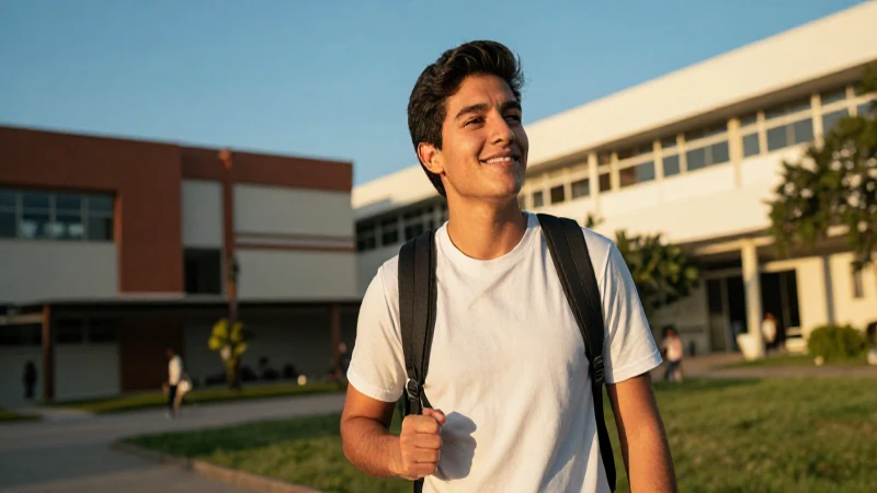 Estudiante mexicano exitoso en campus vibrante