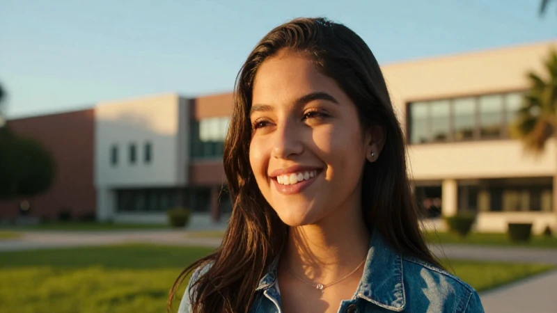 Joven mexicana sonriente en el campus universitario al atardecer