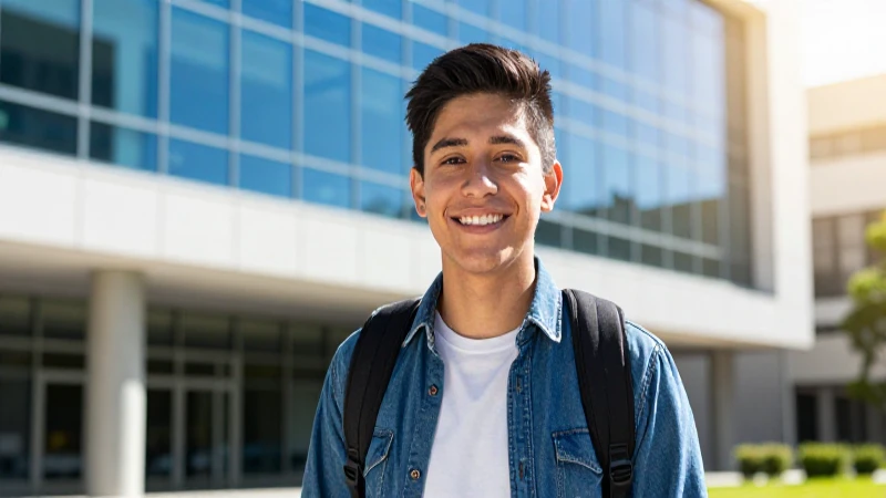 Estudiante mexicano sonríendo en campus moderno