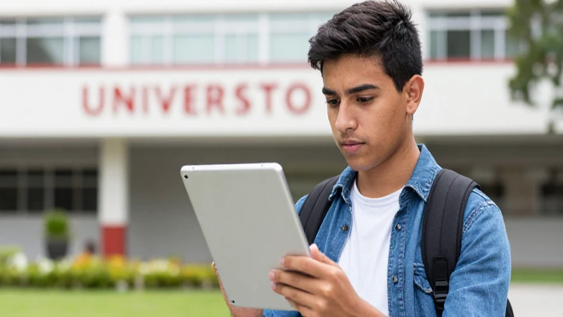 Joven mexicano estudiando con tablet en campus vibrante
