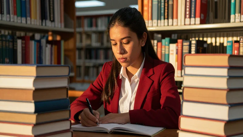 Estudiante mexicano estudia libros con luz dorada