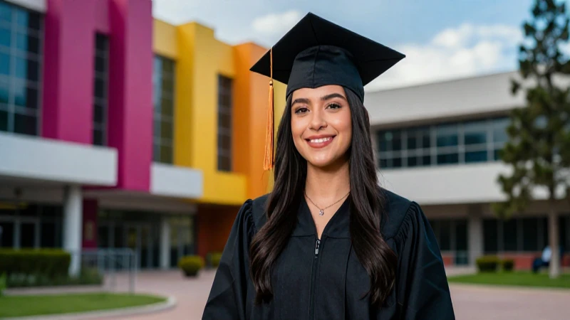 Joven mexicano orgulloso con birrete en campus vibrante