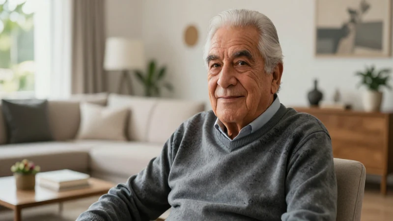 Abuelo mexicano elegante en sala moderna