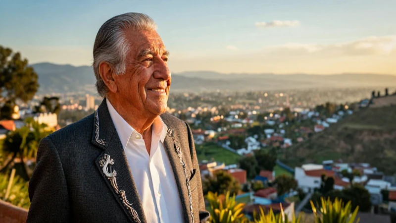 Hombre mexicano elegante mira un valle espectacular al atardecer