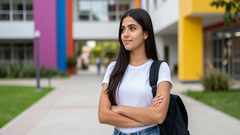 Estudiante mexicana optimista en campus moderno