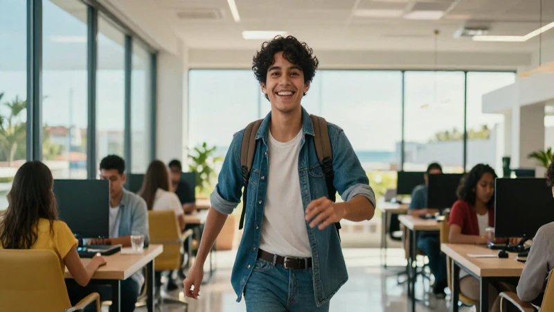 Estudiante mexicano en moderno coworking de Cancún
