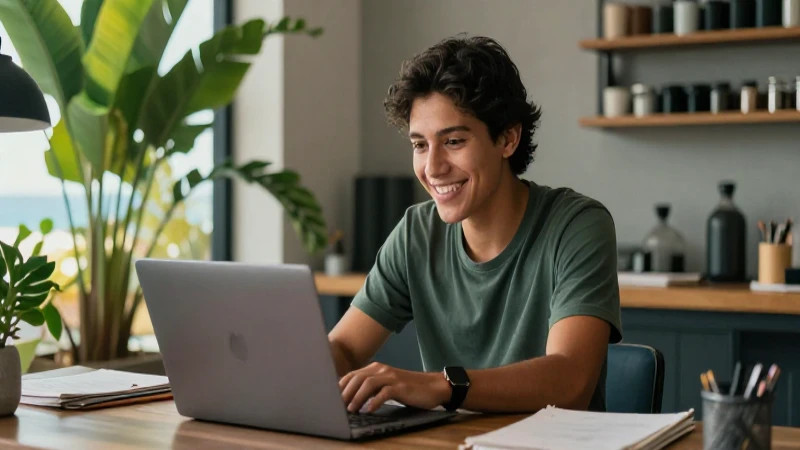 Estudiante sonriente en entorno costero moderno