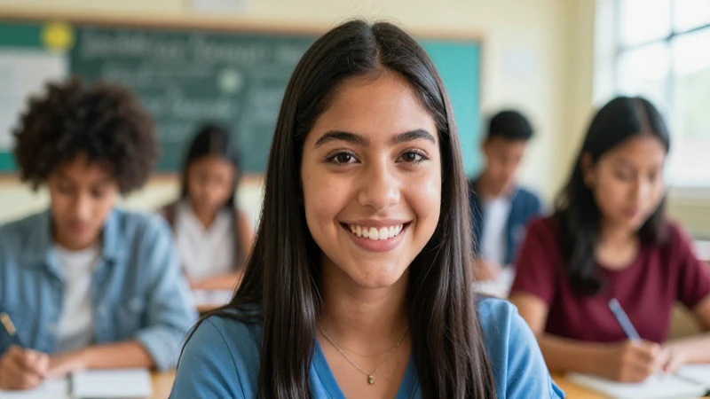 Joven mexicana sonríe con confianza en clase moderna