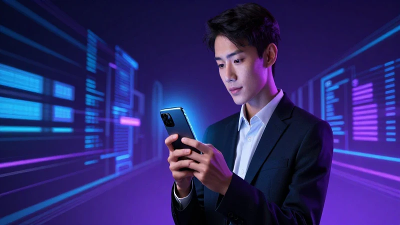 Joven mira tecnología futurista en neón