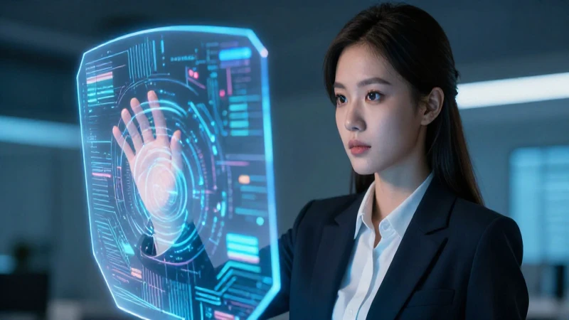 Mujer interactúa con escudo de datos futurista